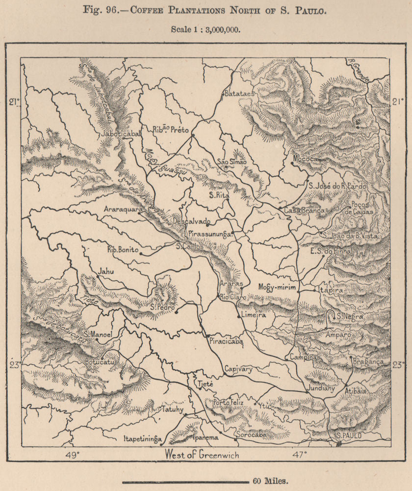 Coffee plantations north of Sao Paulo. Brazil 1885 old antique map chart